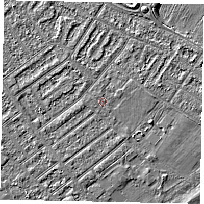 Shaded relief map of the ground around MK420WD, computed from Environment Agency LiDAR. The ground here sits at about 25 m above sea level and falls 3 m across the surrounding 800 m. Surface water reaching this point runs off ground lying to the east-north-east, 0.9 m higher.