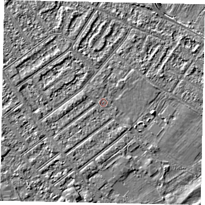Shaded relief map of the ground around MK420WE, computed from Environment Agency LiDAR. The ground here sits at about 25 m above sea level and falls 3 m across the surrounding 800 m. Surface water reaching this point runs off ground lying to the south-west, 1.1 m higher.