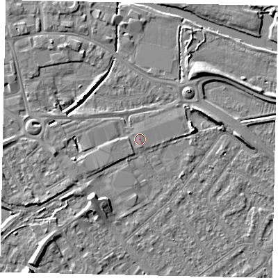 Shaded relief map of the ground around MK420XE, computed from Environment Agency LiDAR. The ground here sits at about 26 m above sea level and falls 8 m across the surrounding 800 m. Surface water reaching this point runs off ground lying to the south-west, 0.9 m higher.