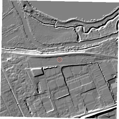 Shaded relief map of the ground around MK420ZE, computed from Environment Agency LiDAR. The ground here sits at about 28 m above sea level and falls 10 m across the surrounding 800 m. Surface water reaching this point runs off ground lying to the north-west, 1.0 m higher.