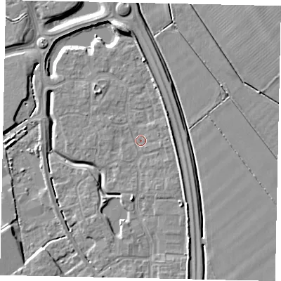 Shaded relief map of the ground around MK426AB, computed from Environment Agency LiDAR. The ground here sits at about 30 m above sea level and falls 7 m across the surrounding 800 m. Surface water reaching this point runs off ground lying to the east-south-east, 1.1 m higher.