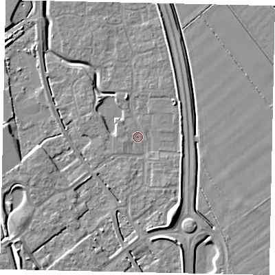 Shaded relief map of the ground around MK426AE, computed from Environment Agency LiDAR. The ground here sits at about 30 m above sea level and falls 8 m across the surrounding 800 m. Surface water reaching this point runs off ground lying to the south-south-east, 5.6 m higher.