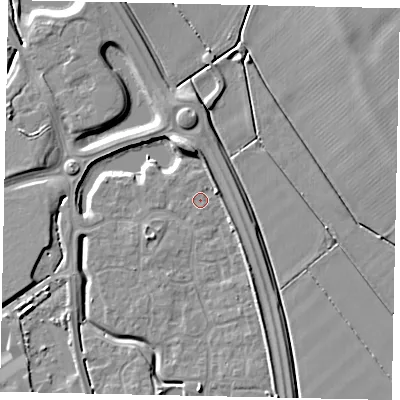 Shaded relief map of the ground around MK426AF, computed from Environment Agency LiDAR. The ground here sits at about 30 m above sea level and falls 7 m across the surrounding 800 m. Surface water reaching this point runs off ground lying to the east-north-east, 2.5 m higher.