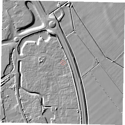 Shaded relief map of the ground around MK426AG, computed from Environment Agency LiDAR. The ground here sits at about 29 m above sea level and falls 7 m across the surrounding 800 m. Surface water reaching this point runs off ground lying to the south-east, 2.1 m higher.