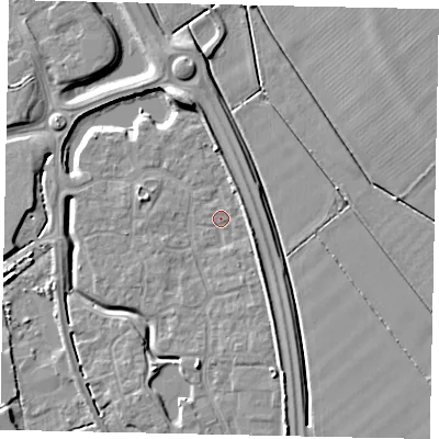 Shaded relief map of the ground around MK426AH, computed from Environment Agency LiDAR. The ground here sits at about 30 m above sea level and falls 7 m across the surrounding 800 m. Surface water reaching this point runs off ground lying to the south-south-east, 3.0 m higher.