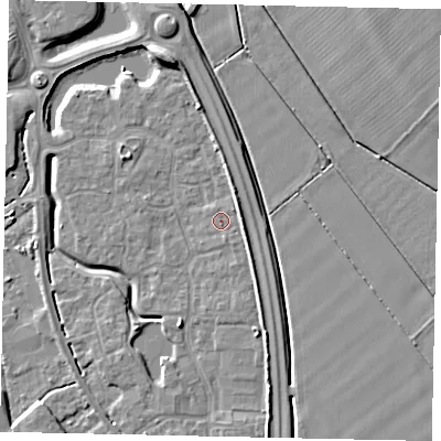 Shaded relief map of the ground around MK426AJ, computed from Environment Agency LiDAR. The ground here sits at about 30 m above sea level and falls 7 m across the surrounding 800 m. Surface water reaching this point runs off ground lying to the south-south-east, 2.6 m higher.