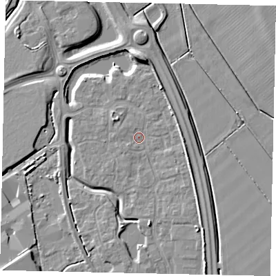 Shaded relief map of the ground around MK426AX, computed from Environment Agency LiDAR. The ground here sits at about 30 m above sea level and falls 7 m across the surrounding 800 m. Surface water reaching this point runs off ground lying to the south-east, 3.0 m higher.
