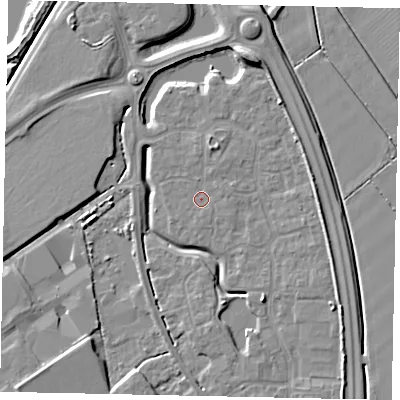 Shaded relief map of the ground around MK426AY, computed from Environment Agency LiDAR. The ground here sits at about 30 m above sea level and falls 9 m across the surrounding 800 m. Surface water reaching this point runs off ground lying to the south-east, 0.6 m higher.