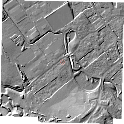 Shaded relief map of the ground around MK426BA, computed from Environment Agency LiDAR. The ground here sits at about 31 m above sea level and falls 12 m across the surrounding 800 m. Surface water reaching this point runs off ground lying to the north-east, 1.2 m higher.
