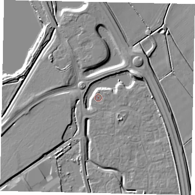 Shaded relief map of the ground around MK426BF, computed from Environment Agency LiDAR. The ground here sits at about 29 m above sea level and falls 9 m across the surrounding 800 m. Surface water reaching this point runs off ground lying to the east-north-east, 7.0 m higher.