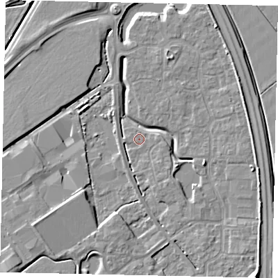 Shaded relief map of the ground around MK426BG, computed from Environment Agency LiDAR. The ground here sits at about 30 m above sea level and falls 8 m across the surrounding 800 m. Surface water reaching this point runs off ground lying to the east-south-east, 4.3 m higher.