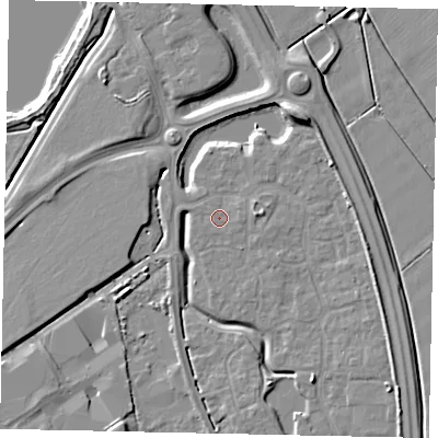 Shaded relief map of the ground around MK426BJ, computed from Environment Agency LiDAR. The ground here sits at about 30 m above sea level and falls 9 m across the surrounding 800 m. Surface water reaching this point runs off ground lying to the east, 0.6 m higher.