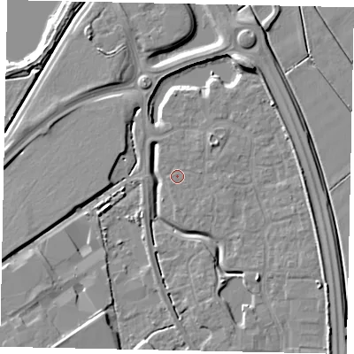Shaded relief map of the ground around MK426BL, computed from Environment Agency LiDAR. The ground here sits at about 30 m above sea level and falls 9 m across the surrounding 800 m. Surface water reaching this point runs off ground lying to the east-north-east, 2.6 m higher.
