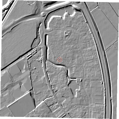 Shaded relief map of the ground around MK426BN, computed from Environment Agency LiDAR. The ground here sits at about 30 m above sea level and falls 9 m across the surrounding 800 m. Surface water reaching this point runs off ground lying to the south-east, 4.3 m higher.