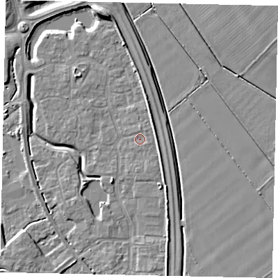 Shaded relief map of the ground around MK426BP, computed from Environment Agency LiDAR. The ground here sits at about 30 m above sea level and falls 7 m across the surrounding 800 m. Surface water reaching this point runs off ground lying to the south-east, 0.6 m higher.