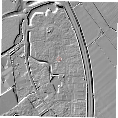Shaded relief map of the ground around MK426BR, computed from Environment Agency LiDAR. The ground here sits at about 30 m above sea level and falls 7 m across the surrounding 800 m. Surface water reaching this point runs off ground lying to the south-south-east, 0.6 m higher.