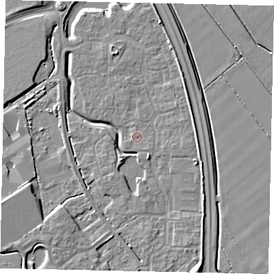 Shaded relief map of the ground around MK426BS, computed from Environment Agency LiDAR. The ground here sits at about 30 m above sea level and falls 8 m across the surrounding 800 m. Surface water reaching this point runs off ground lying to the south-east, 0.6 m higher.