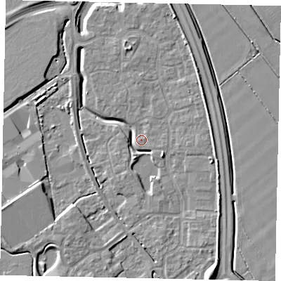 Shaded relief map of the ground around MK426BT, computed from Environment Agency LiDAR. The ground here sits at about 30 m above sea level and falls 9 m across the surrounding 800 m. Surface water reaching this point runs off ground lying to the south-east, 4.2 m higher.