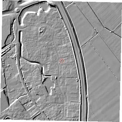 Shaded relief map of the ground around MK426BU, computed from Environment Agency LiDAR. The ground here sits at about 30 m above sea level and falls 7 m across the surrounding 800 m. Surface water reaching this point runs off ground lying to the south-south-east, 2.7 m higher.