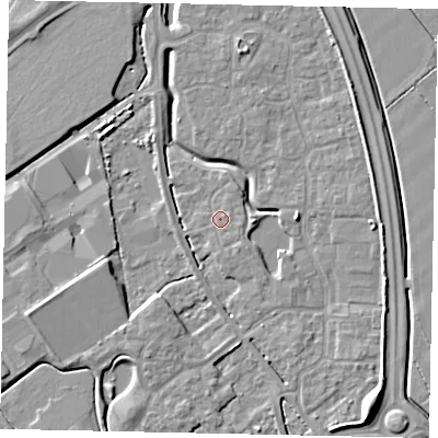 Shaded relief map of the ground around MK426BW, computed from Environment Agency LiDAR. The ground here sits at about 31 m above sea level and falls 8 m across the surrounding 800 m. Surface water reaching this point runs off ground lying to the south-south-east, 1.2 m higher.