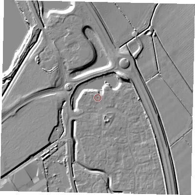 Shaded relief map of the ground around MK426DE, computed from Environment Agency LiDAR. The ground here sits at about 29 m above sea level and falls 9 m across the surrounding 800 m. Surface water reaching this point runs off ground lying to the north-east, 7.0 m higher.