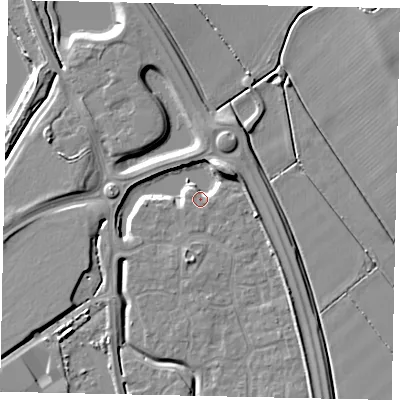 Shaded relief map of the ground around MK426DF, computed from Environment Agency LiDAR. The ground here sits at about 29 m above sea level and falls 9 m across the surrounding 800 m. Surface water reaching this point runs off ground lying to the north-east, 6.8 m higher.