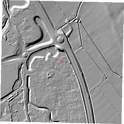 Shaded relief map of the ground around MK426DG, computed from Environment Agency LiDAR. The ground here sits at about 30 m above sea level and falls 7 m across the surrounding 800 m. Surface water reaching this point runs off ground lying to the east, 2.7 m higher.
