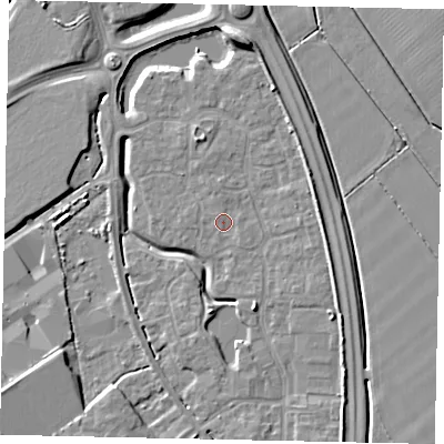 Shaded relief map of the ground around MK426DP, computed from Environment Agency LiDAR. The ground here sits at about 30 m above sea level and falls 7 m across the surrounding 800 m. Surface water reaching this point runs off ground lying to the south-east, 0.6 m higher.