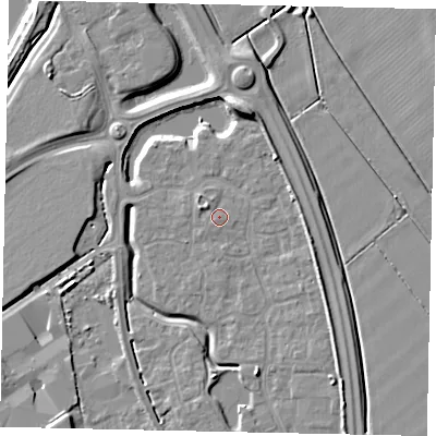 Shaded relief map of the ground around MK426DQ, computed from Environment Agency LiDAR. The ground here sits at about 30 m above sea level and falls 9 m across the surrounding 800 m. Surface water reaching this point runs off ground lying to the west-north-west, 1.6 m higher.