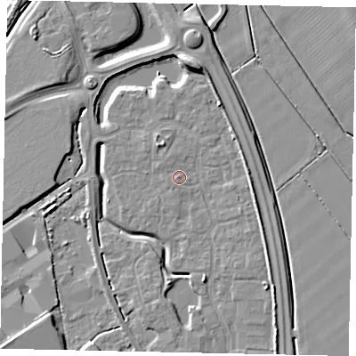 Shaded relief map of the ground around MK426DR, computed from Environment Agency LiDAR. The ground here sits at about 30 m above sea level and falls 9 m across the surrounding 800 m. Surface water reaching this point runs off ground lying to the south-east, 3.0 m higher.