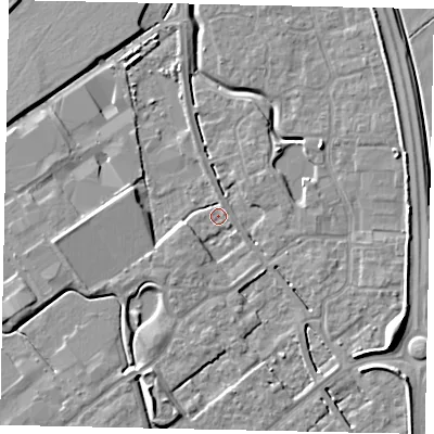 Shaded relief map of the ground around MK426DT, computed from Environment Agency LiDAR. The ground here sits at about 30 m above sea level and falls 8 m across the surrounding 800 m. Surface water reaching this point runs off ground lying to the south-south-west, 3.0 m higher.