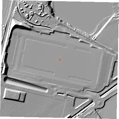 Shaded relief map of the ground around MK426EY, computed from Environment Agency LiDAR. The ground here sits at about 33 m above sea level and falls 17 m across the surrounding 800 m. The ground contributing surface water to this point lies to the north-north-west.