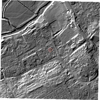 Shaded relief map of the ground around MK427AA, computed from Environment Agency LiDAR. The ground here sits at about 29 m above sea level and falls 15 m across the surrounding 800 m. Surface water reaching this point runs off ground lying to the south-south-west, 0.8 m higher.