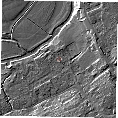 Shaded relief map of the ground around MK427AB, computed from Environment Agency LiDAR. The ground here sits at about 29 m above sea level and falls 14 m across the surrounding 800 m. Surface water reaching this point runs off ground lying to the east, 11.7 m higher.