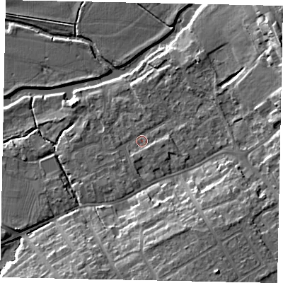 Shaded relief map of the ground around MK427AT, computed from Environment Agency LiDAR. The ground here sits at about 28 m above sea level and falls 13 m across the surrounding 800 m. Surface water reaching this point runs off ground lying to the south-south-east, 9.5 m higher.