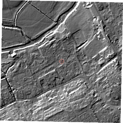 Shaded relief map of the ground around MK427AU, computed from Environment Agency LiDAR. The ground here sits at about 28 m above sea level and falls 14 m across the surrounding 800 m. Surface water reaching this point runs off ground lying to the east, 11.3 m higher.