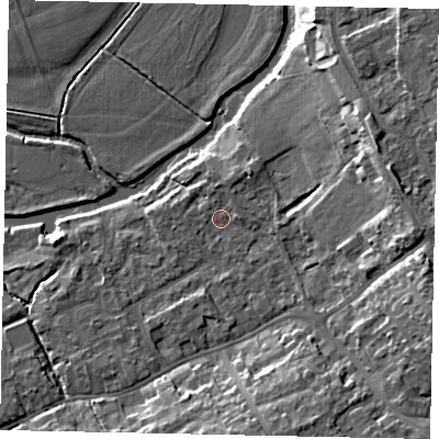 Shaded relief map of the ground around MK427AX, computed from Environment Agency LiDAR. The ground here sits at about 28 m above sea level and falls 14 m across the surrounding 800 m. Surface water reaching this point runs off ground lying to the east-south-east, 11.4 m higher.