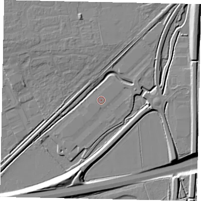 Shaded relief map of the ground around MK427AZ, computed from Environment Agency LiDAR. The ground here sits at about 29 m above sea level and falls 14 m across the surrounding 800 m. The ground contributing surface water to this point lies to the south-south-west.
