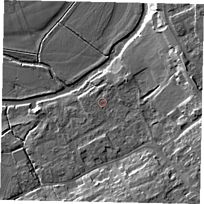 Shaded relief map of the ground around MK427BA, computed from Environment Agency LiDAR. The ground here sits at about 28 m above sea level and falls 14 m across the surrounding 800 m. Surface water reaching this point runs off ground lying to the east, 11.0 m higher.