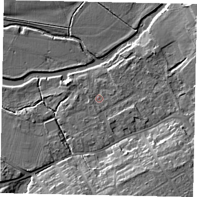 Shaded relief map of the ground around MK427BB, computed from Environment Agency LiDAR. The ground here sits at about 28 m above sea level and falls 11 m across the surrounding 800 m. Surface water reaching this point runs off ground lying to the south-south-west, 1.2 m higher.