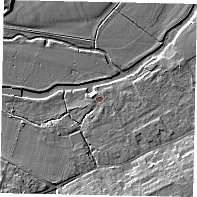 Shaded relief map of the ground around MK427BD, computed from Environment Agency LiDAR. The ground here sits at about 29 m above sea level and falls 11 m across the surrounding 800 m. Surface water reaching this point runs off ground lying to the south-south-east, 1.1 m higher.