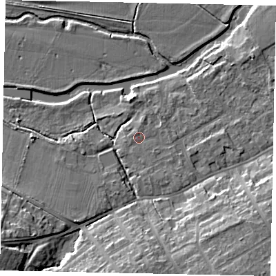 Shaded relief map of the ground around MK427BE, computed from Environment Agency LiDAR. The ground here sits at about 29 m above sea level and falls 12 m across the surrounding 800 m. Surface water reaching this point runs off ground lying to the south-south-east, 1.1 m higher.