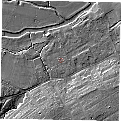 Shaded relief map of the ground around MK427BG, computed from Environment Agency LiDAR. The ground here sits at about 29 m above sea level and falls 12 m across the surrounding 800 m. Surface water reaching this point runs off ground lying to the south-south-east, 0.9 m higher.