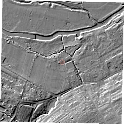 Shaded relief map of the ground around MK427BH, computed from Environment Agency LiDAR. The ground here sits at about 28 m above sea level and falls 12 m across the surrounding 800 m. Surface water reaching this point runs off ground lying to the south-south-west, 3.0 m higher.