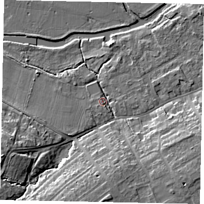 Shaded relief map of the ground around MK427BJ, computed from Environment Agency LiDAR. The ground here sits at about 29 m above sea level and falls 12 m across the surrounding 800 m. Surface water reaching this point runs off ground lying to the south-east, 10.5 m higher.