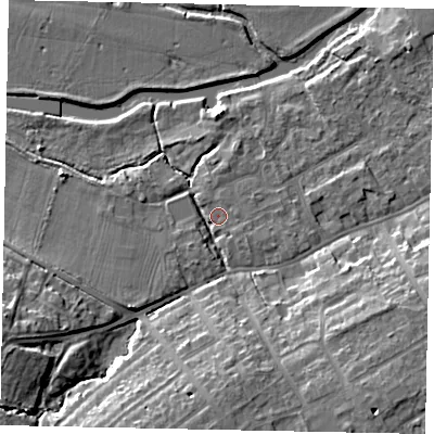 Shaded relief map of the ground around MK427BL, computed from Environment Agency LiDAR. The ground here sits at about 28 m above sea level and falls 12 m across the surrounding 800 m. Surface water reaching this point runs off ground lying to the south-east, 10.6 m higher.