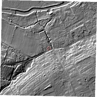 Shaded relief map of the ground around MK427BN, computed from Environment Agency LiDAR. The ground here sits at about 29 m above sea level and falls 12 m across the surrounding 800 m. Surface water reaching this point runs off ground lying to the south-south-west, 9.6 m higher.