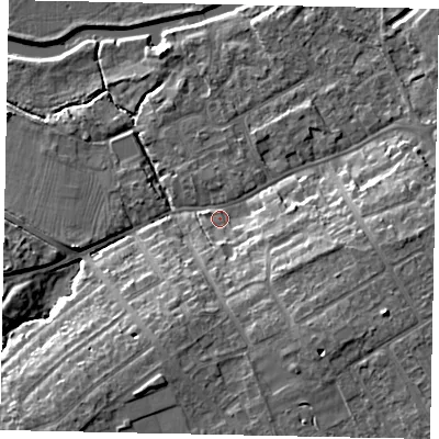 Shaded relief map of the ground around MK427BP, computed from Environment Agency LiDAR. The ground here sits at about 29 m above sea level and falls 12 m across the surrounding 800 m. Surface water reaching this point runs off ground lying to the south-east, 8.5 m higher.