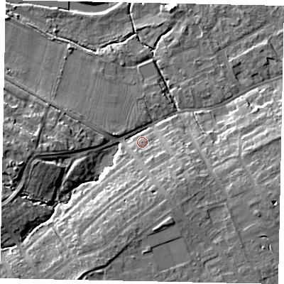 Shaded relief map of the ground around MK427DB, computed from Environment Agency LiDAR. The ground here sits at about 30 m above sea level and falls 12 m across the surrounding 800 m. Surface water reaching this point runs off ground lying to the south-east, 6.6 m higher.