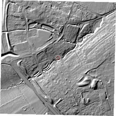 Shaded relief map of the ground around MK427DJ, computed from Environment Agency LiDAR. The ground here sits at about 33 m above sea level and falls 13 m across the surrounding 800 m. Surface water reaching this point runs off ground lying to the south-south-west, 9.6 m higher.